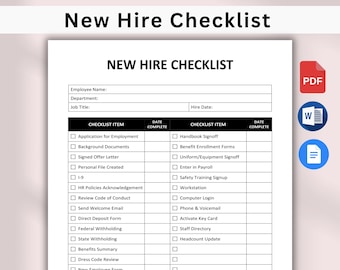 Druckbare Checklist-Vorlage für Neueinstellungen, Checkliste für das Mitarbeiter-Onboard, bearbeitbares HR-Formular für neue Mitarbeiter, Google Docs & Word