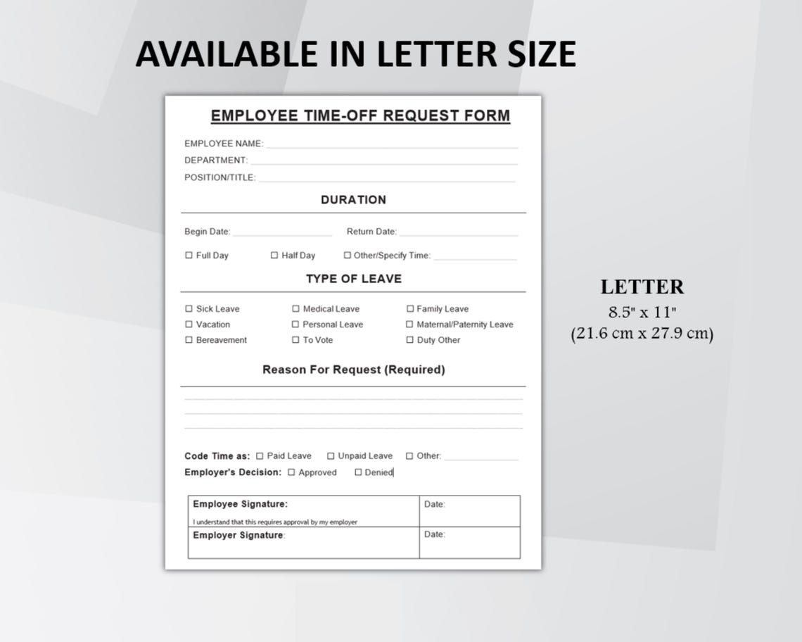 Employee Time-off Request Template Editable, PTO Request Form, Vacation ...