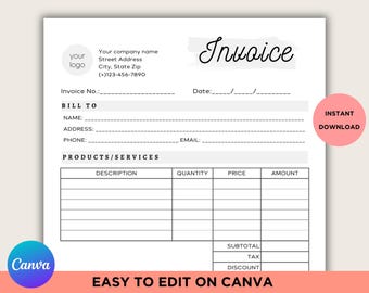 Minimalist Invoice Template, Editable Small Business Billing Form, Client Invoice and Receipt, Printable Canva Template