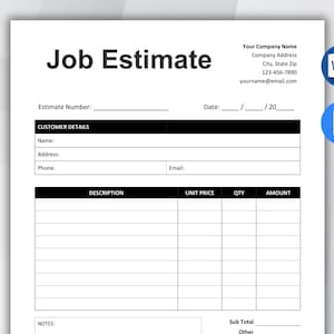 Job estimate template. work estimate template, editable Job Estimate Template, job estimate form, construction job estimate template