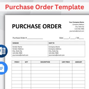 May include: A white purchase order template with the title "PURCHASE ORDER" in bold black letters. The template includes fields for vendor and shipping information, item details, and a section for the company name and contact information.