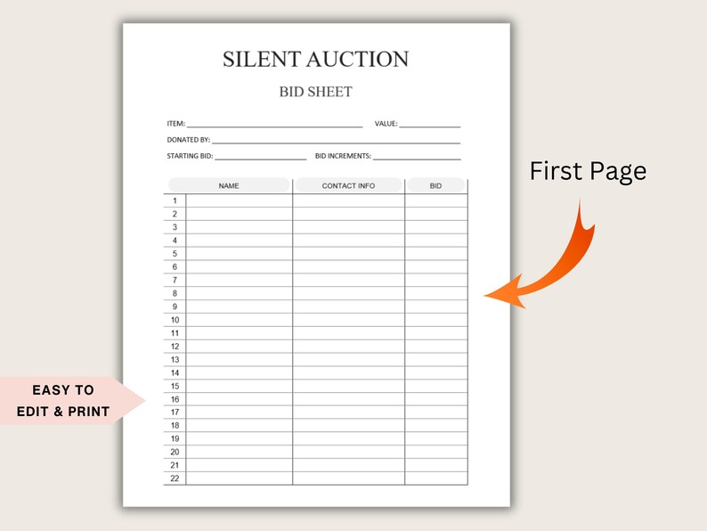 Editable Silent Auction Bid Sheet, Silent Auction Sign up Sheet ...
