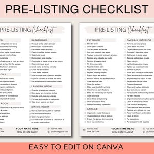 May include: Two-page pre-listing checklist with headings for kitchen, bathrooms, bedrooms, living room, exterior, and overall interior. The checklist is designed to help real estate agents prepare properties for sale. The Canva logo is in the bottom left corner.