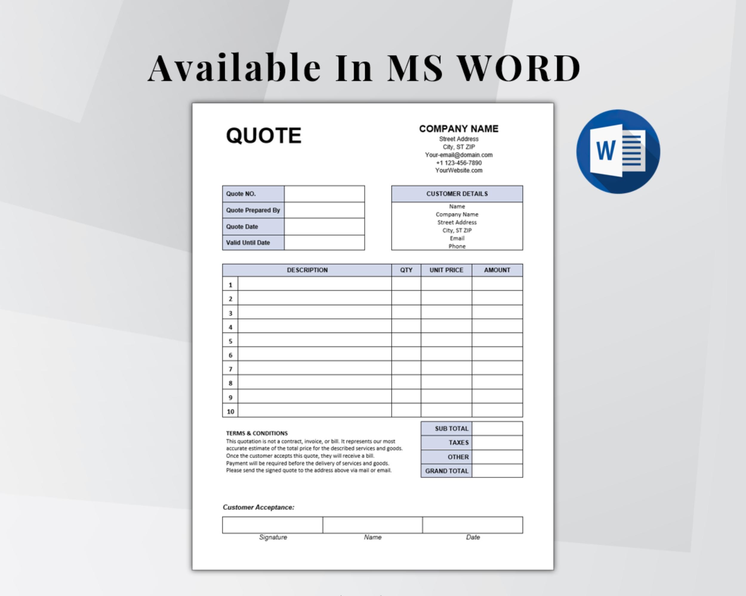 Quote Template Printable, Editable Quote Form Small Business, Job Quote ...
