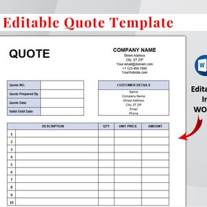 Puede incluir: Un documento blanco titulado "Editable Quote Template" con secciones para los detalles de la cotización, la información de la empresa y los datos del cliente. El documento incluye campos para descripciones, cantidades e importes. El texto "Editable In WORD" también es visible.