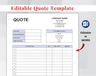 Quote Template Printable, Editable Quote Form Small Business, Job Quote ...