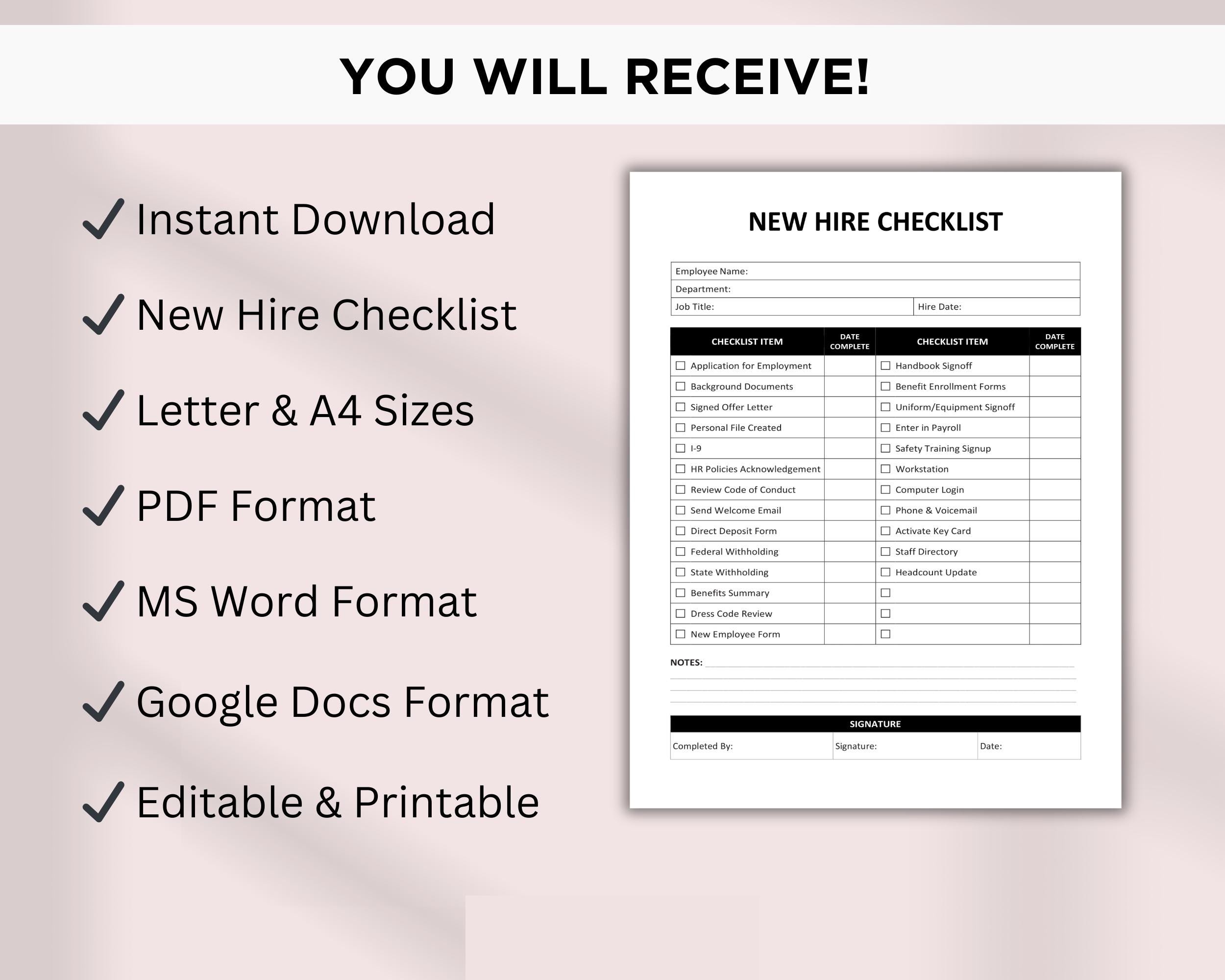 Printable New Hire Checklist Template, Employee Onboarding Checklist ...