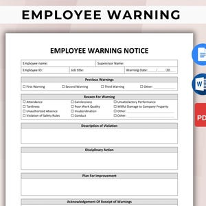 May include: A white Employee Warning Notice form with the title "EMPLOYEE WARNING NOTICE" at the top. The form includes fields for employee information, warnings, reasons, and disciplinary actions. Icons for a document, Word file, and PDF are on the right.