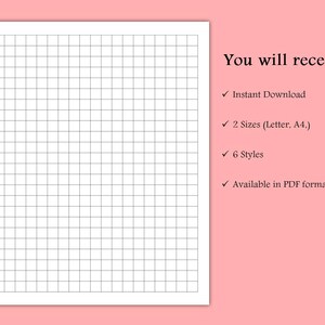 Puede incluir: Un papel cuadriculado blanco con un patr&oacute;n de cuadr&iacute;cula negro, sobre un fondo rosa. Se muestra el texto "You will receive", seguido de vi&ntilde;etas que indican descarga instant&aacute;nea, dos tama&ntilde;os (Carta, A4), seis estilos y formato PDF.