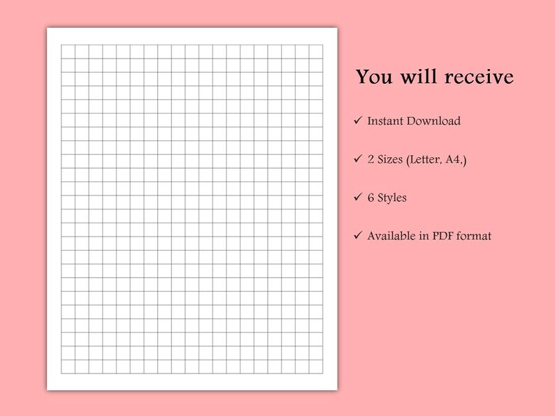 Puede incluir: Un papel cuadriculado blanco con un patr&oacute;n de cuadr&iacute;cula negro, sobre un fondo rosa. Se muestra el texto "You will receive", seguido de vi&ntilde;etas que indican descarga instant&aacute;nea, dos tama&ntilde;os (Carta, A4), seis estilos y formato PDF.