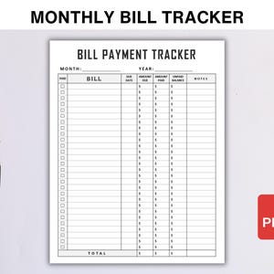 Könnte beinhalten: Ein schwarzer und goldener Füllfederhalter liegt neben einem weißen Rechnungszahlungs-Tracker. Der Tracker, mit dem Text "MONTHLY BILL TRACKER" oben, hat Spalten für Rechnungsdetails, Fälligkeitsdaten, Beträge und Notizen. Ein rotes PDF-Symbol befindet sich in der Ecke.