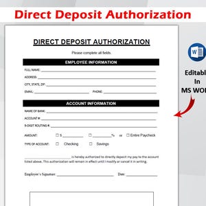 Op de afbeelding: Een wit formulier voor directe stortingsautorisatie met zwarte tekst. Het formulier bevat velden voor werknemers- en accountinformatie, met de tekst "Editable in MS WORD" en een Microsoft Word-pictogram.
