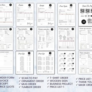 May include: A collection of black and white printable forms, including order forms, invoices, receipts, and price quotes. The forms feature a minimalist design with a circular logo at the top. The image also includes a "Scan to Pay" option.