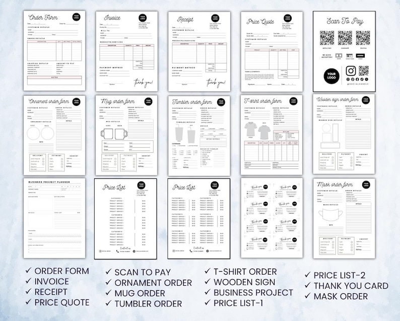 May include: A collection of black and white printable forms, including order forms, invoices, receipts, and price quotes. The forms feature a minimalist design with a circular logo at the top. The image also includes a "Scan to Pay" option.