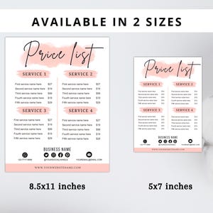 Op de afbeelding: Twee prijslijstsjablonen in 21,6 x 27,9 cm en 12,7 x 17,8 cm. De prijslijsten hebben een roze aquarelwas aan de bovenkant en bevatten de tekst "Price List". Elke lijst heeft vier servicecategorie&euml;n met prijzen en contactgegevens.