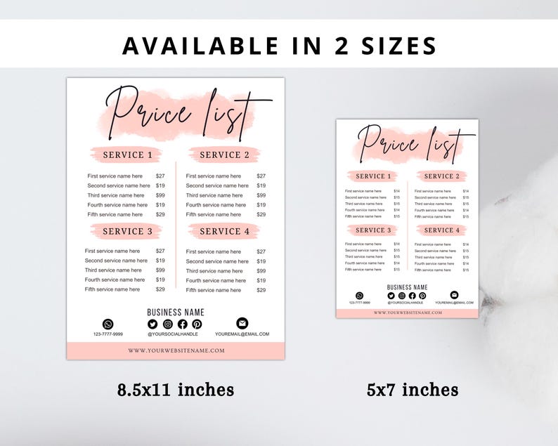 Op de afbeelding: Twee prijslijstsjablonen in 21,6 x 27,9 cm en 12,7 x 17,8 cm. De prijslijsten hebben een roze aquarelwas aan de bovenkant en bevatten de tekst "Price List". Elke lijst heeft vier servicecategorie&euml;n met prijzen en contactgegevens.