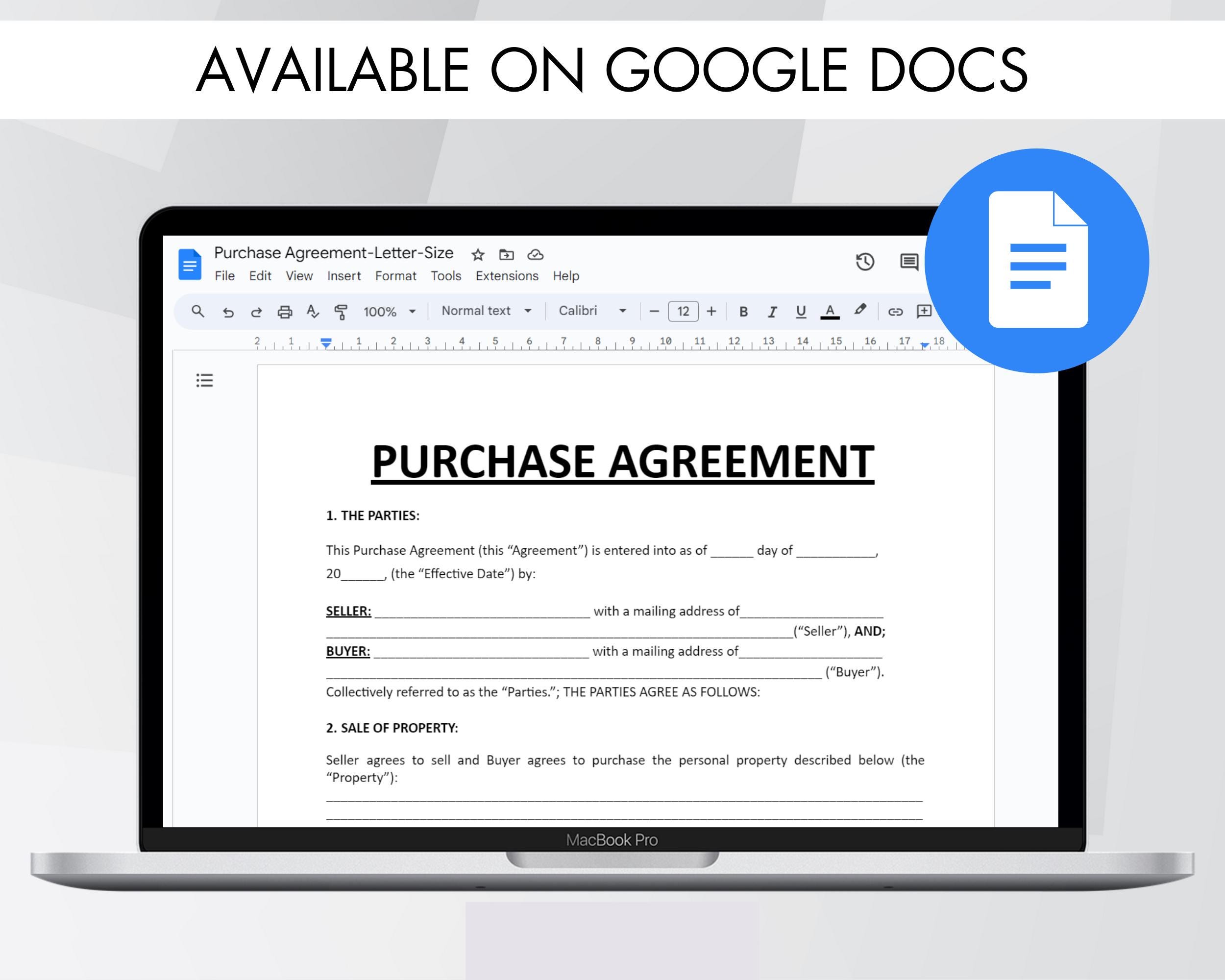 Simple Purchase Agreement Template Printable, Editable Property ...