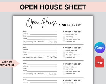 Real Estate Open House Sign-In Sheet, Editable Template, PDF, Instant Download, Printable, Canva Template
