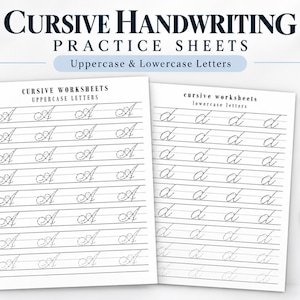 Könnte beinhalten: Übungsblätter für Schreibschrift mit Groß- und Kleinbuchstaben. Das Dokument enthält 52 Seiten mit nachspurbaren Buchstabenformen auf linierten Blättern. Der Text umfasst CURSIVE HANDWRITING PRACTICE SHEETS, UPPERCASE & LOWERCASE LETTERS, PDF, 52 PAGES und INSTANT DOWNLOAD.