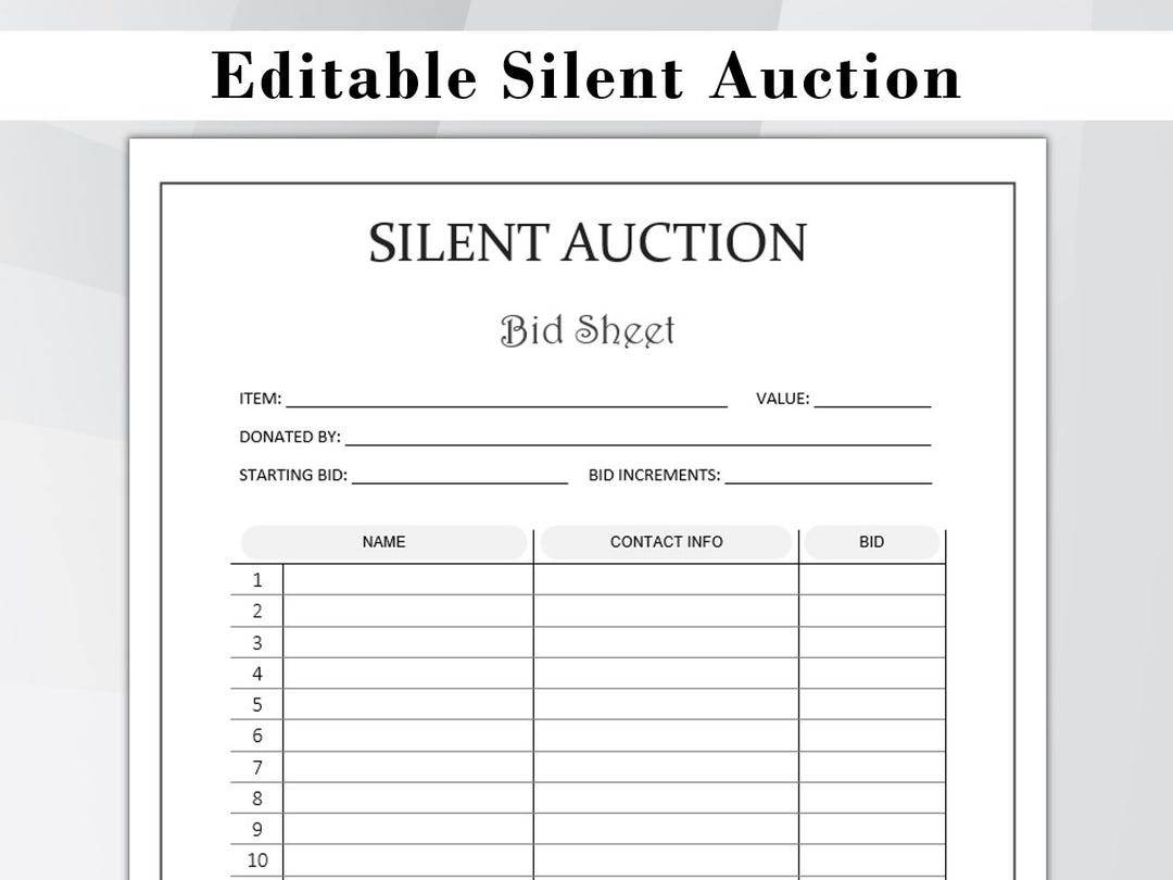 Silent Auction Sign up Sheet, Silent Auction Bid Sheet Template ...