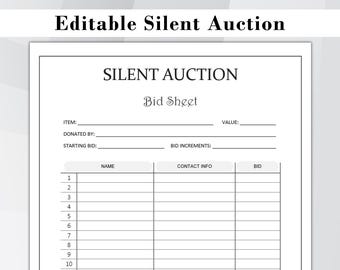 Editable Silent Auction Bid Sheet. Silent Auction Sign up Sheet ...