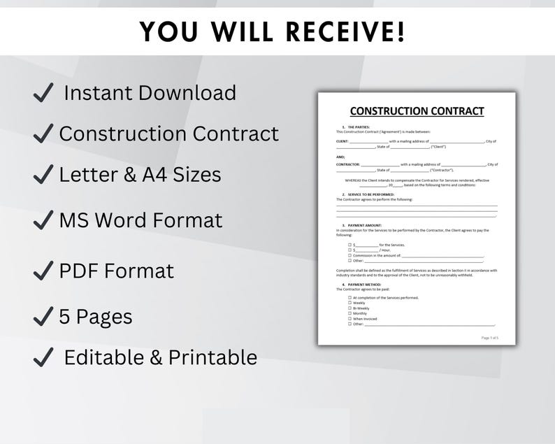 Construction Contract Template | Editable Contractor Agreement ...