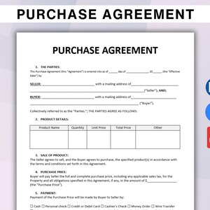 May include: A white Purchase Agreement document with the title "PURCHASE AGREEMENT" at the top. The document includes sections for parties, product details, sale of product, purchase price, and payment methods. Icons for Word, PDF, and a document are on the right.