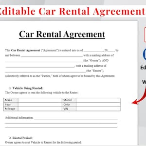 May include: A white document titled "Car Rental Agreement" with fillable fields for vehicle details. The document includes the text "Editable Car Rental Agreement" at the top. Icons for PDF and Word documents are visible.