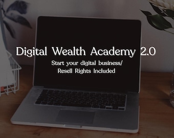 Puede incluir: Un portátil que muestra el texto "Digital Wealth Academy 2.0" y el lema "Start your digital business/ Resell Rights Included." El portátil está sobre un escritorio de madera, con una cesta de alambre y una planta en el fondo.