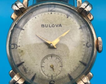 1961 Bulova 10K Gold Filled Watch – Fancy Lugs, Patina Dial, Manual Wind