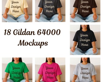 May include: A collection of Gildan 64000 t-shirt mockups in various colors, including yellow, charcoal, brown, black, green, fuchsia, and gray. Each shirt displays the text "Your Design Here". The image also includes the text "18 Gildan 64000 Mockups".