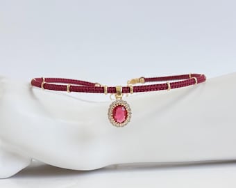 Boho choker Necklace with a ruby-colored pendant on a red cord with gold accents