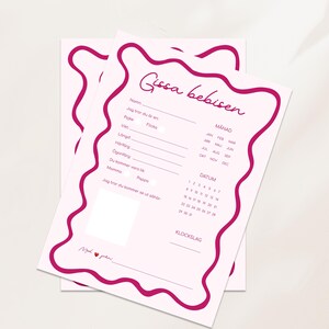May include: Two pink baby prediction cards with a wavy magenta border. The cards have fill-in-the-blank sections for baby's name, gender, weight, length, and eye color. The text "Gissa bebisen" is written in cursive.