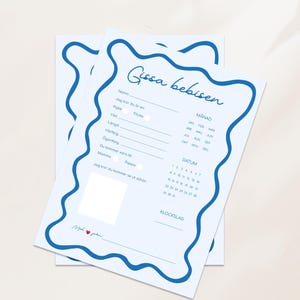 May include: Two light blue baby shower prediction cards with dark blue wavy borders. The cards have fill-in-the-blank sections for baby's name, gender, weight, and other details. The text "Gissa bebisen" is at the top.