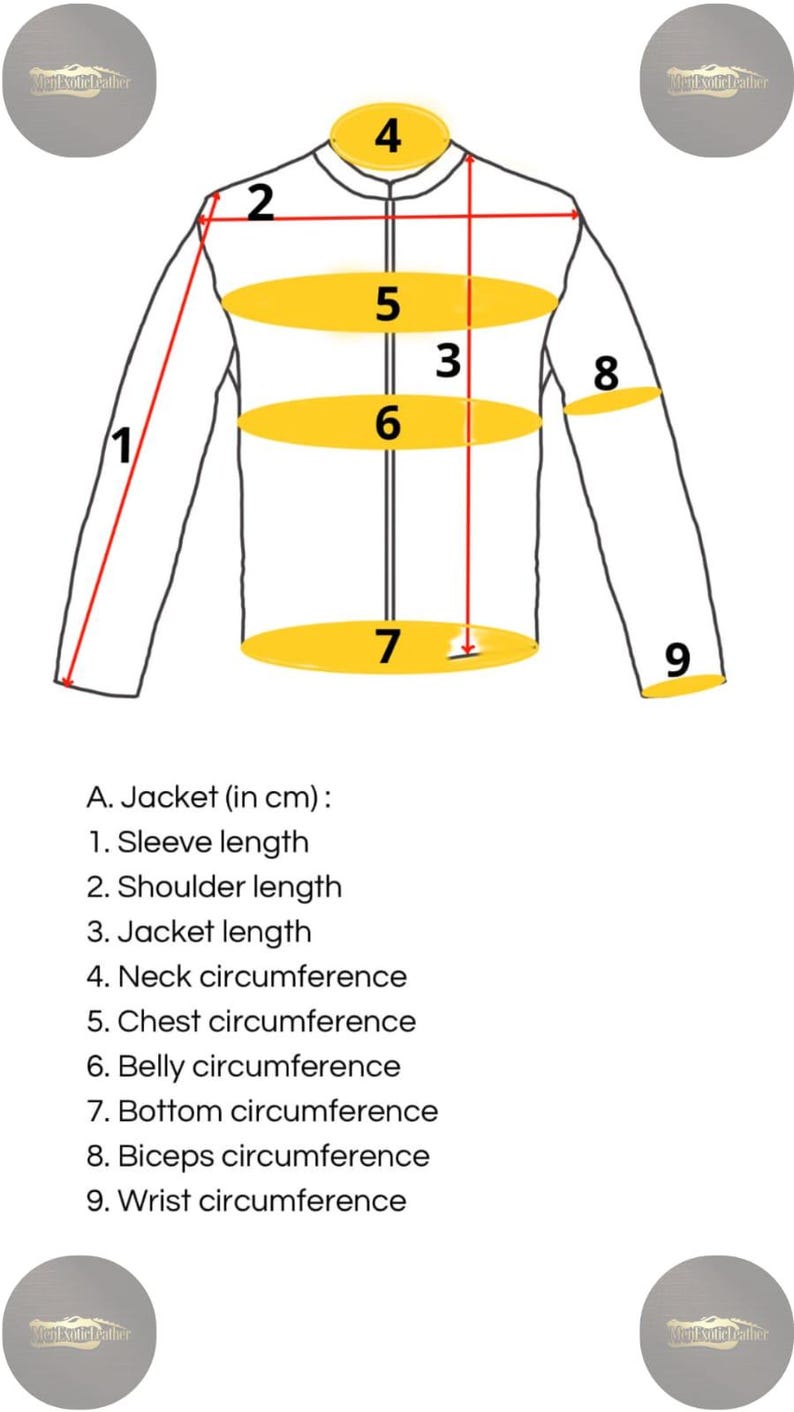 May include: Diagram of a jacket with measurements in centimeters. The diagram shows sleeve length, shoulder length, jacket length, neck circumference, chest circumference, belly circumference, bottom circumference, biceps circumference, and wrist circumference.