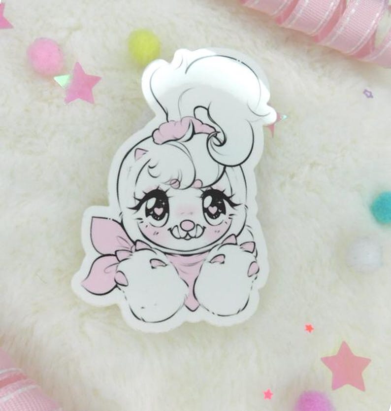 May include: A white and pink cartoon character with large eyes and a ponytail. The character is wearing a pink scarf and has a toothy grin.