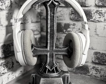 Gothic Inverted Cross Headphone Stand | Dark Gaming Setup Decor | Headset Holder | Occult Desk Accessory