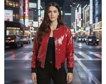 Rote PVC Bomberjacke für Frauen | Glänzender wasserdichter Reißverschluss-Mantel | Glänzende Streetwear Oberbekleidung | Trendy Fashion Jacke Herbst & Winter