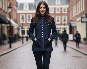 Navy Blue Military Style Cotton Coat for Women | Elegant Button Jacket | Autumn Winter Fashion | Streetwear Chic Outerwear
