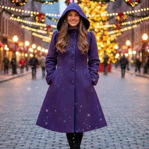 Elegant Purple Wool Winter Hooded Long Coat for Women | Vintage Victorian Style Warm Christmas Outfit | Handmade Wool Overcoat