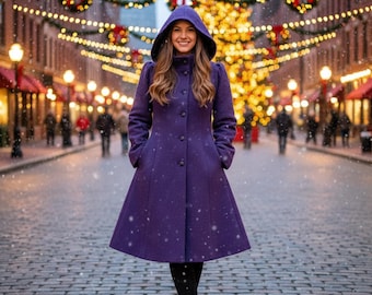 Elegante abrigo largo de invierno con capucha de lana morada para mujer / Traje navideño cálido estilo victoriano vintage / Abrigo de lana hecho a mano