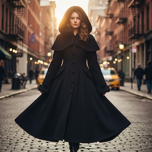 Elegant Long Black Wool Coat for Women | Vintage Hooded Winter Overcoat | Handmade Warm Flare Jacket | Gothic Victorian Style