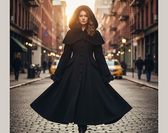 Elegante abrigo largo de lana negra para mujer / Abrigo de invierno vintage con capucha / Chaqueta cálida acampanada hecha a mano / Estilo gótico victoriano