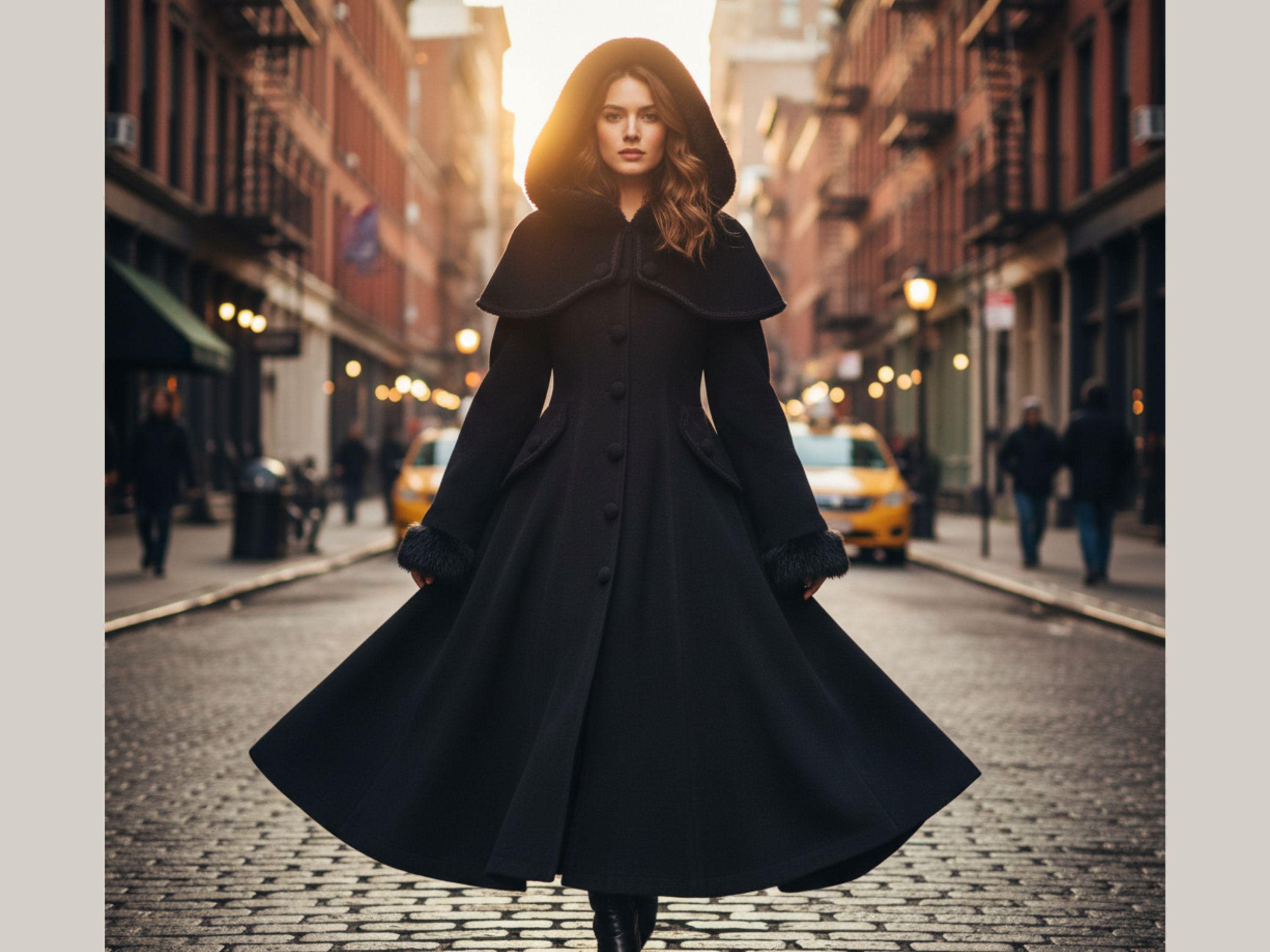 Elegant Long Black Wool Coat for Women | Vintage Hooded Winter