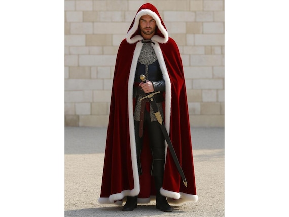 Medieval Red Velvet Hooded Cloak for Men | Fur Trim Fantasy Cape | Renaissance Cosplay Coat | Royal Christmas Outfit