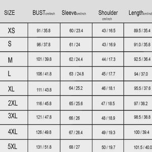 May include: A clothing size chart displaying measurements in centimetres and inches. Sizes range from XS to 5XL, detailing bust, sleeve, shoulder, and length. The background is a pale beige.