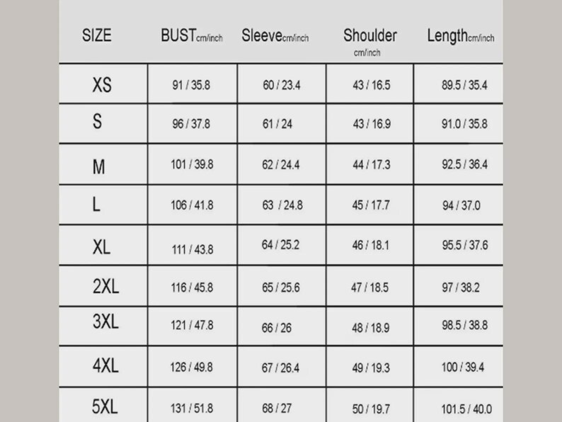 May include: A clothing size chart displaying measurements in centimetres and inches. Sizes range from XS to 5XL, detailing bust, sleeve, shoulder, and length. The background is a pale beige.