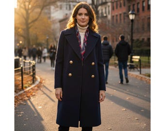 Marineblauwe wollen lange jas dames | Handgemaakte double-breasted winterjas | Elegante minimalistische warme wollen jas