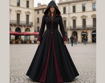 Capa gótica de lana con capucha / Abrigo largo medieval renacentista / Elegante capa de bruja de invierno / Cosplay de fantasía vintage