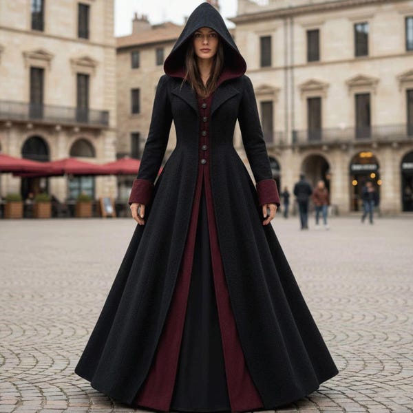 Gotische wollen manteljas met capuchon | Lange middeleeuwse renaissance-jas | Elegante winterheksencape | Vintage fantasy-cosplay